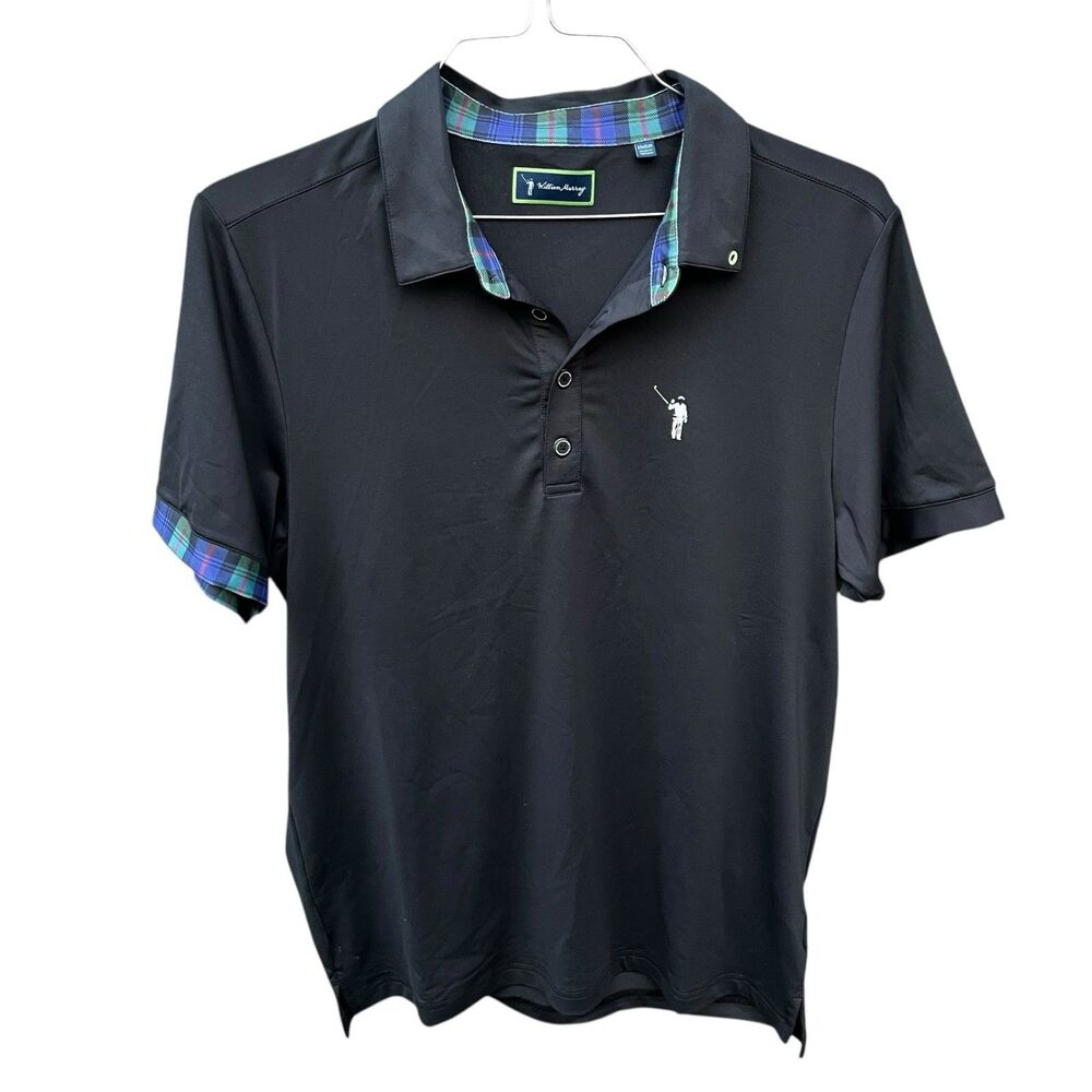 William Murray Golf Polo Black Stretch Performance Men Medium Tartan Plaid Cuff